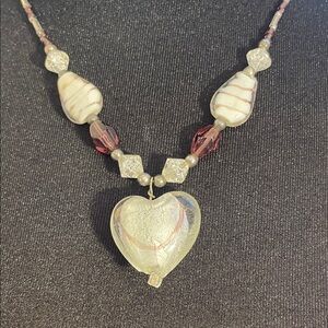 Elegant Glass Heart Pendant Necklace with white and purple color accents